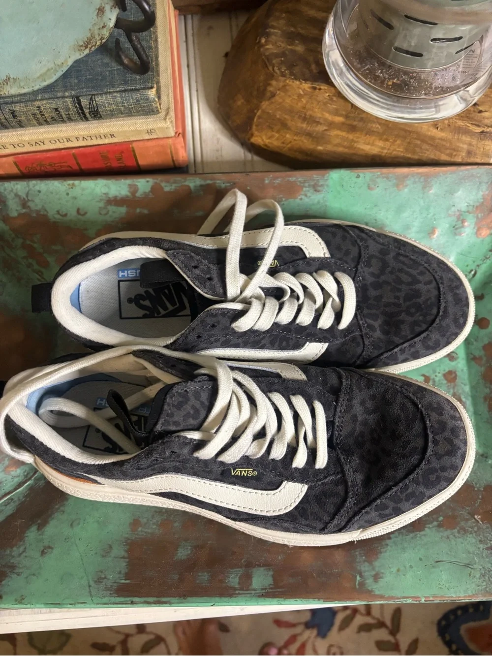 Vans Women's Black Leopard-Print Low-Top Skate Sneakers with Cream Stripe